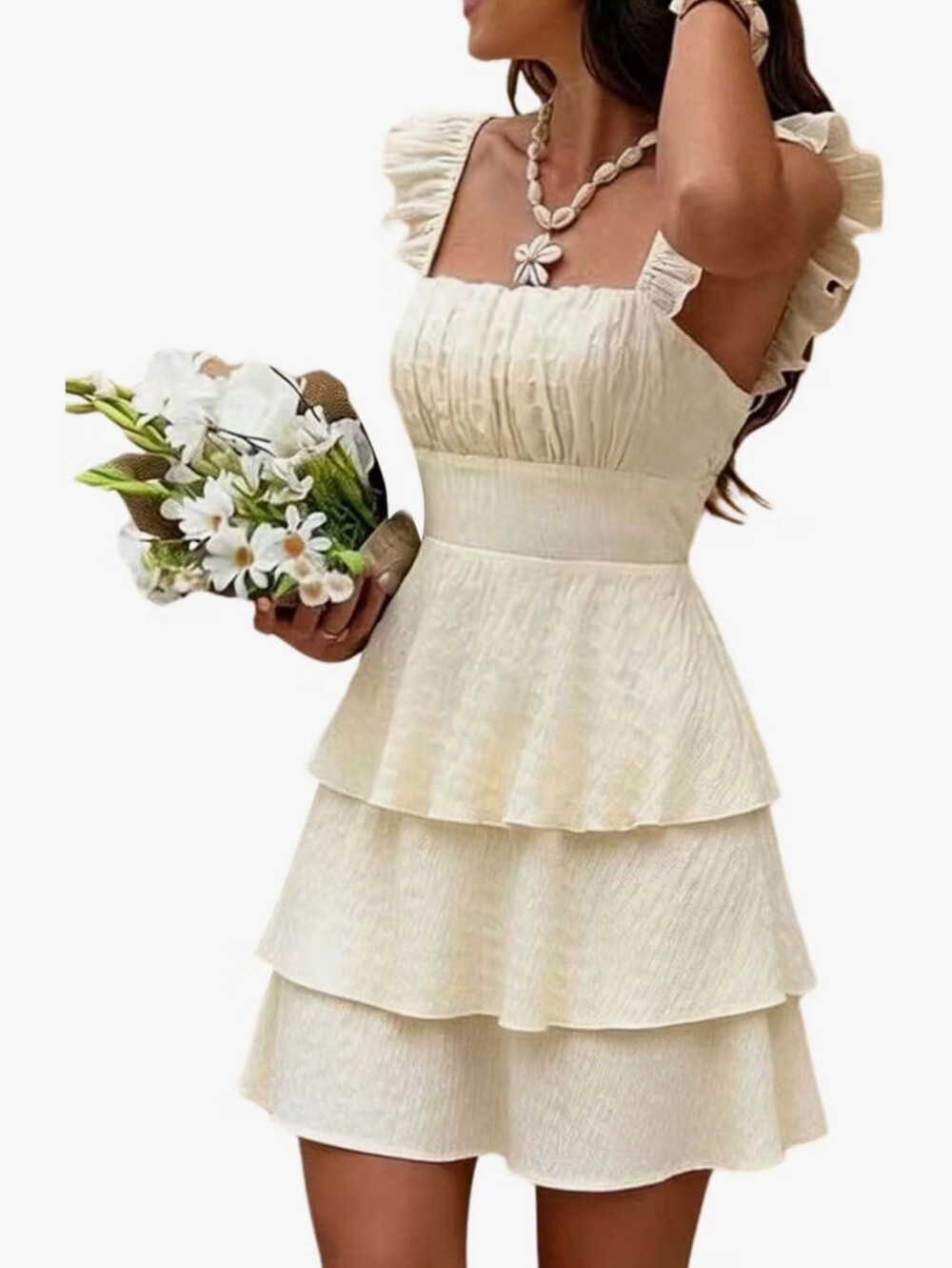 Square Neck Cap Sleeve Ruffle Layered A Line Going Out Dress